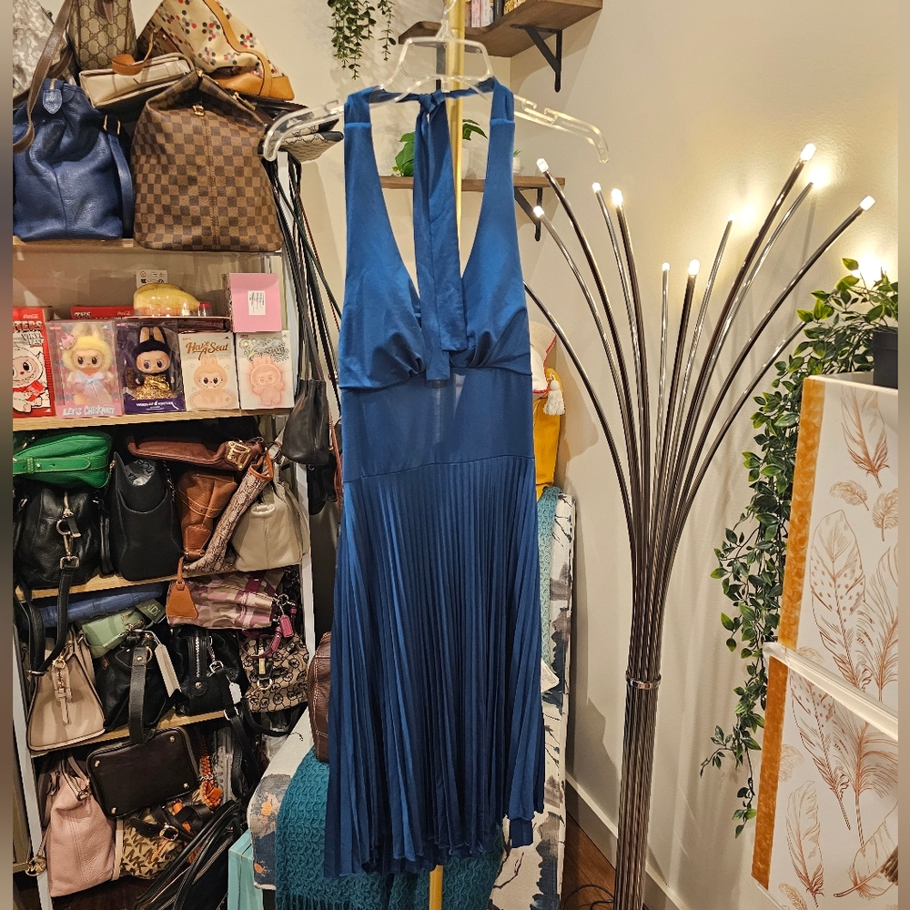 La Belle Royal Blue Halter Pleated Midi Dress
